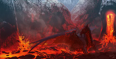 HD PC desktop wallpaper depicting a fierce fantasy dragon perched amid glowing lava and smoky volcanic terrain.