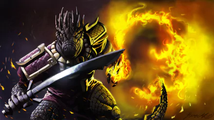 2K Quad HD PC desktop wallpaper background — video game The Elder Scrolls Online art: armored reptilian warrior brandishing a sword and fire magic before a roaring fiery portal.