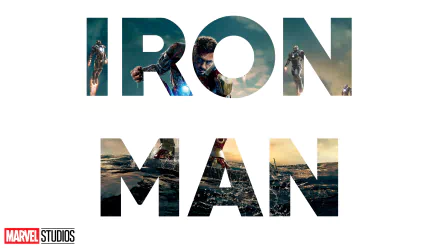 4K Ultra HD PC desktop wallpaper featuring the movie Iron Man with iconic scenes and characters visible within bold IRON MAN text against a white background.