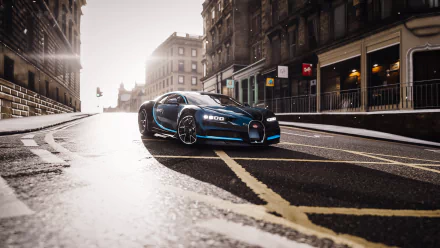 Bugatti Chiron showcased in a detailed 4K Ultra HD scene from the video game Forza Horizon 4, featuring realistic urban lighting and reflections on a PC desktop wallpaper.