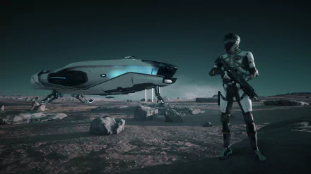 Star Citizen video game 2K Quad HD PC desktop wallpaper: armored pilot stands on a rocky alien plain beside a sleek spaceship under a teal sky.