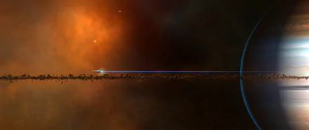 This HD desktop wallpaper features a sci-fi scene with a spaceship flying near a ringed planet against a glowing background of deep space.