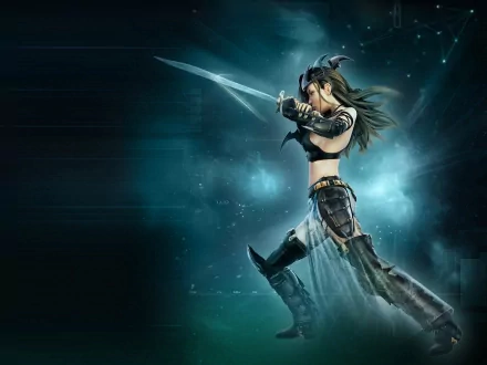 A striking HD desktop wallpaper featuring a character from the video game SpellForce: The Order of Dawn, wielding a sword against a mystical backdrop.
