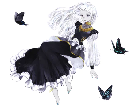 Anime-style HD desktop wallpaper featuring an original character with long white hair in a flowing black dress, surrounded by blue and black butterflies.