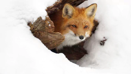 HD desktop wallpaper showing a vibrant red fox peeking out from a snowy hollow surrounded by white snow.