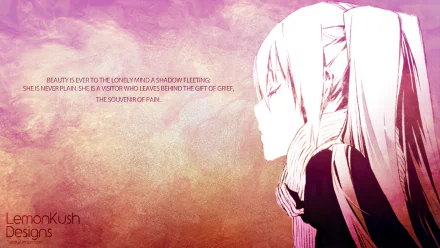 Anime Vocaloid HD PC wallpaper/background: long-haired girl in profile against a textured pink sky with faint poetic text.
