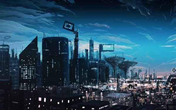 HD anime cityscape desktop wallpaper, showcasing futuristic skyscrapers and a glowing skyline under a vivid, dramatic sky.