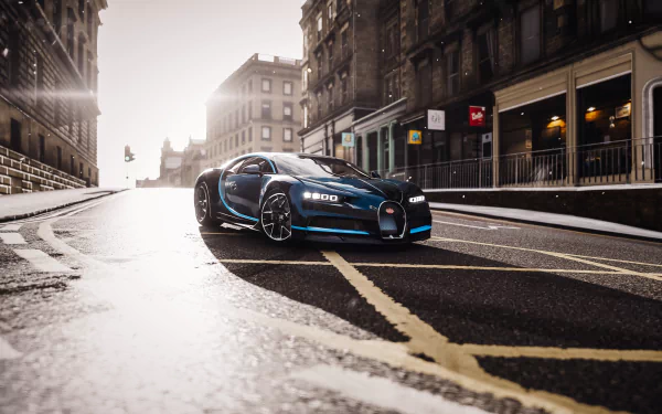 Bugatti Chiron showcased in a detailed 4K Ultra HD scene from the video game Forza Horizon 4, featuring realistic urban lighting and reflections on a PC desktop wallpaper.