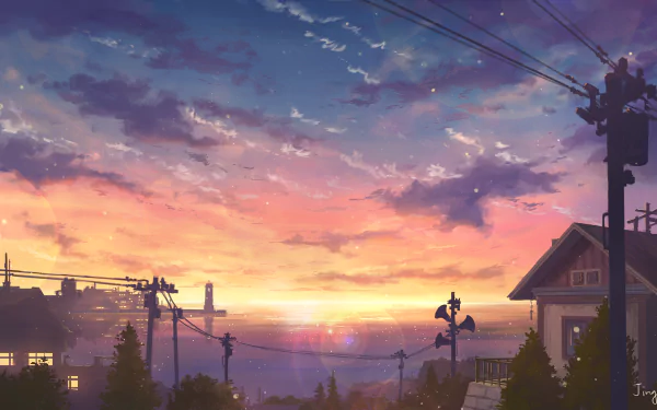 Anime-style HD wallpaper depicting a scenic sunset over an ocean-side town with a vibrant sky.