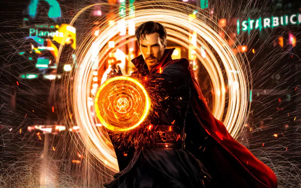 4K Ultra HD desktop wallpaper featuring Benedict Cumberbatch as Doctor Strange, casting a glowing magical spell with vibrant city lights in the background.