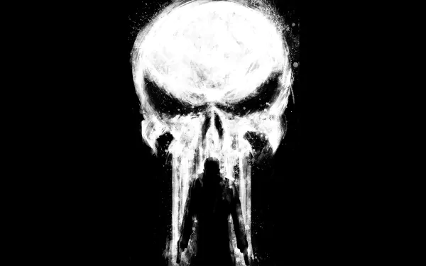 4K Ultra HD comic-style wallpaper featuring the iconic Punisher skull emblem in a bold, high-contrast black and white design for PC desktop backgrounds.
