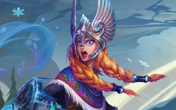 HD desktop wallpaper of Crystal Maiden from DotA 2 depicted as a valkyrie with blue eyes and orange hair in a snowy, wintery landscape.