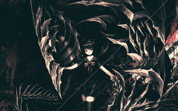 HD desktop wallpaper featuring Nue Houjuu from the anime Touhou. The dark, intricate design showcases her eerie, otherworldly presence with a striking black and red color palette.