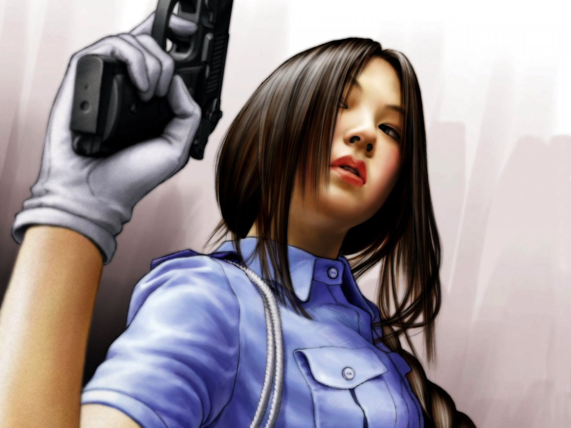 HD PC wallpaper of a fantasy woman in uniform wearing a white glove and holding a gun, portrayed with a confident and intense expression.