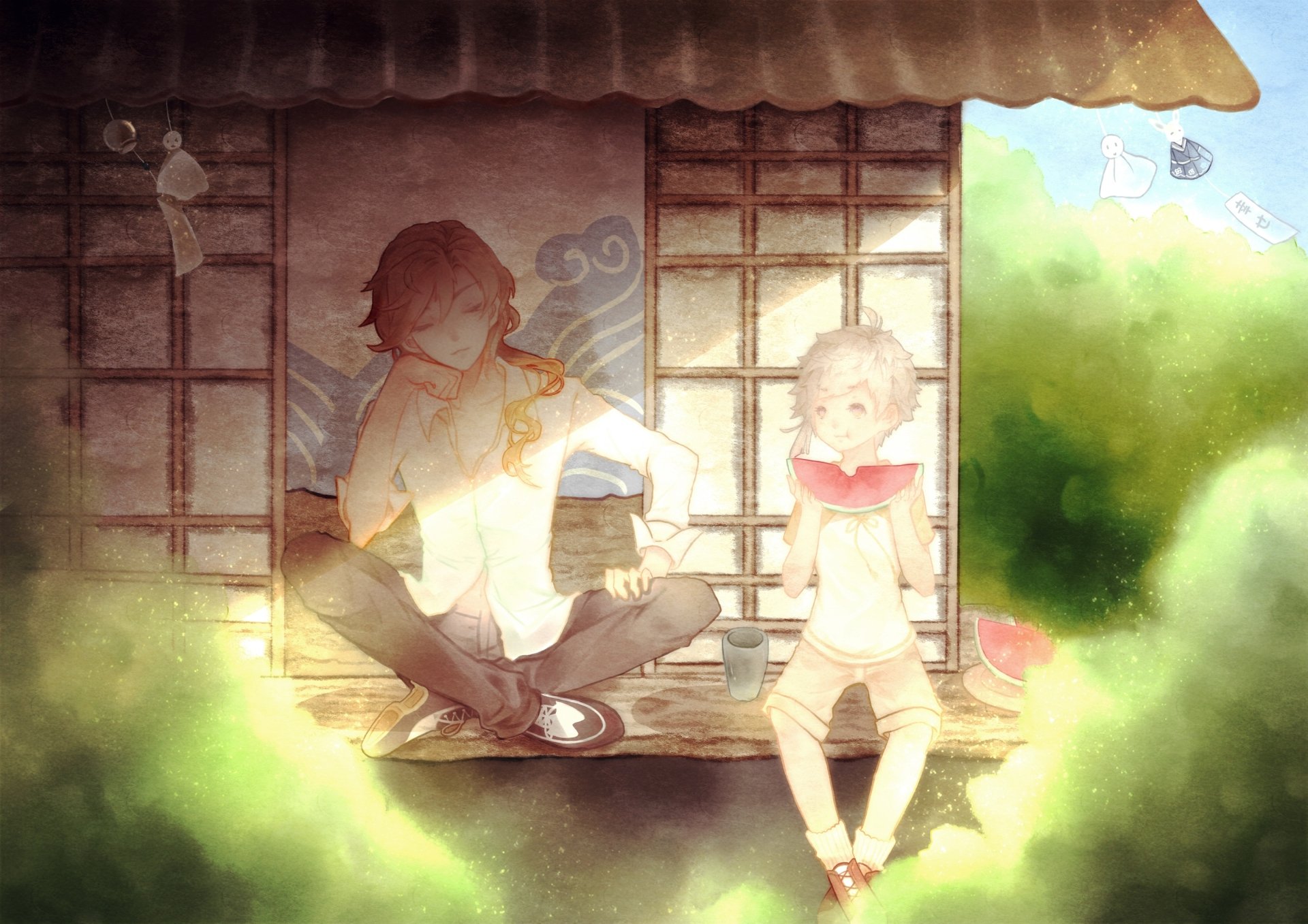 HD anime desktop wallpaper featuring Chuuya Nakahara and Atsushi Nakajima from Bungou Stray Dogs in a serene, sunlit traditional setting.