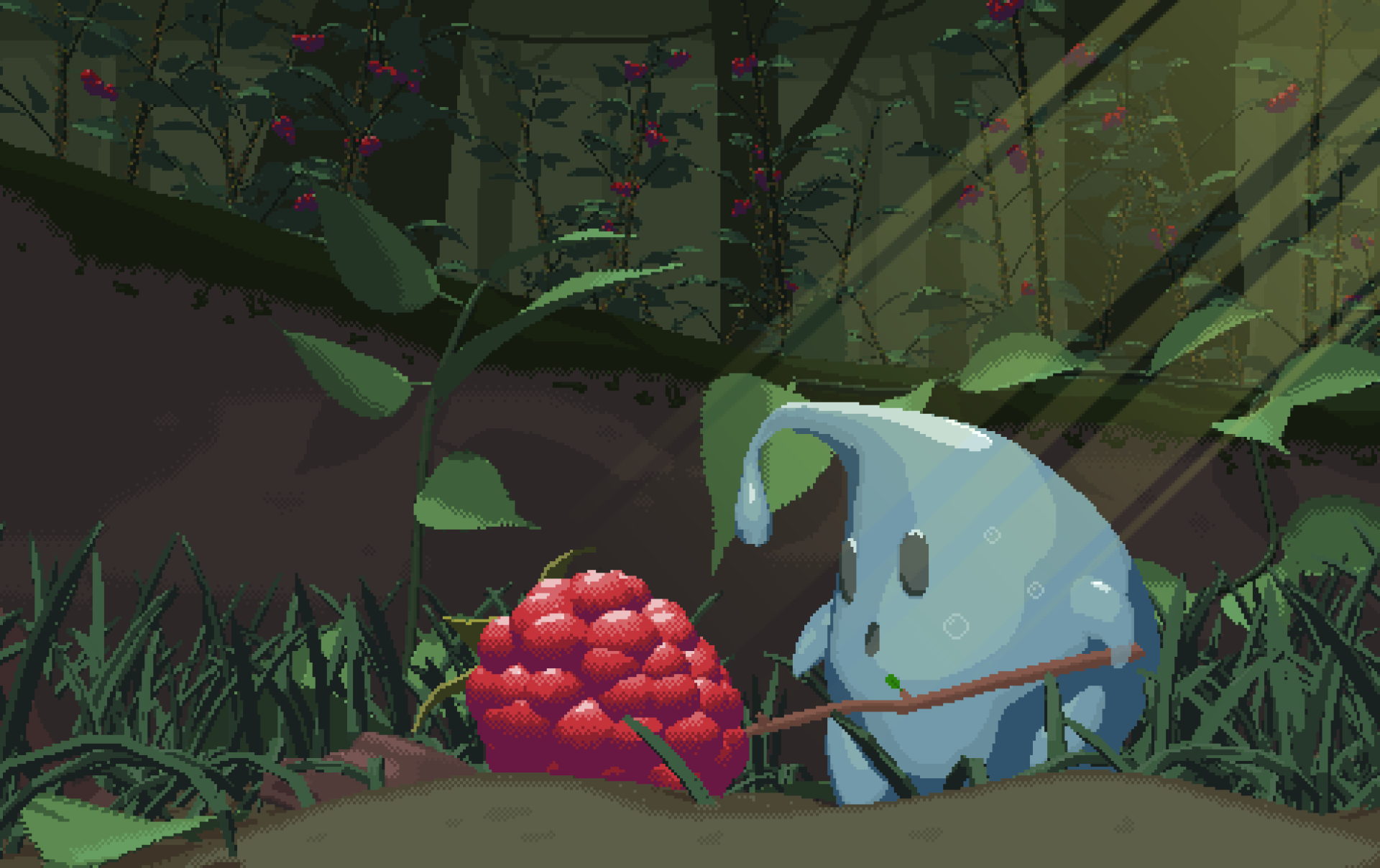 A pixel art scene featuring a small blue creature beside a cluster of red berries in a lush forest, rendered as a 4K Ultra HD PC desktop wallpaper and background.