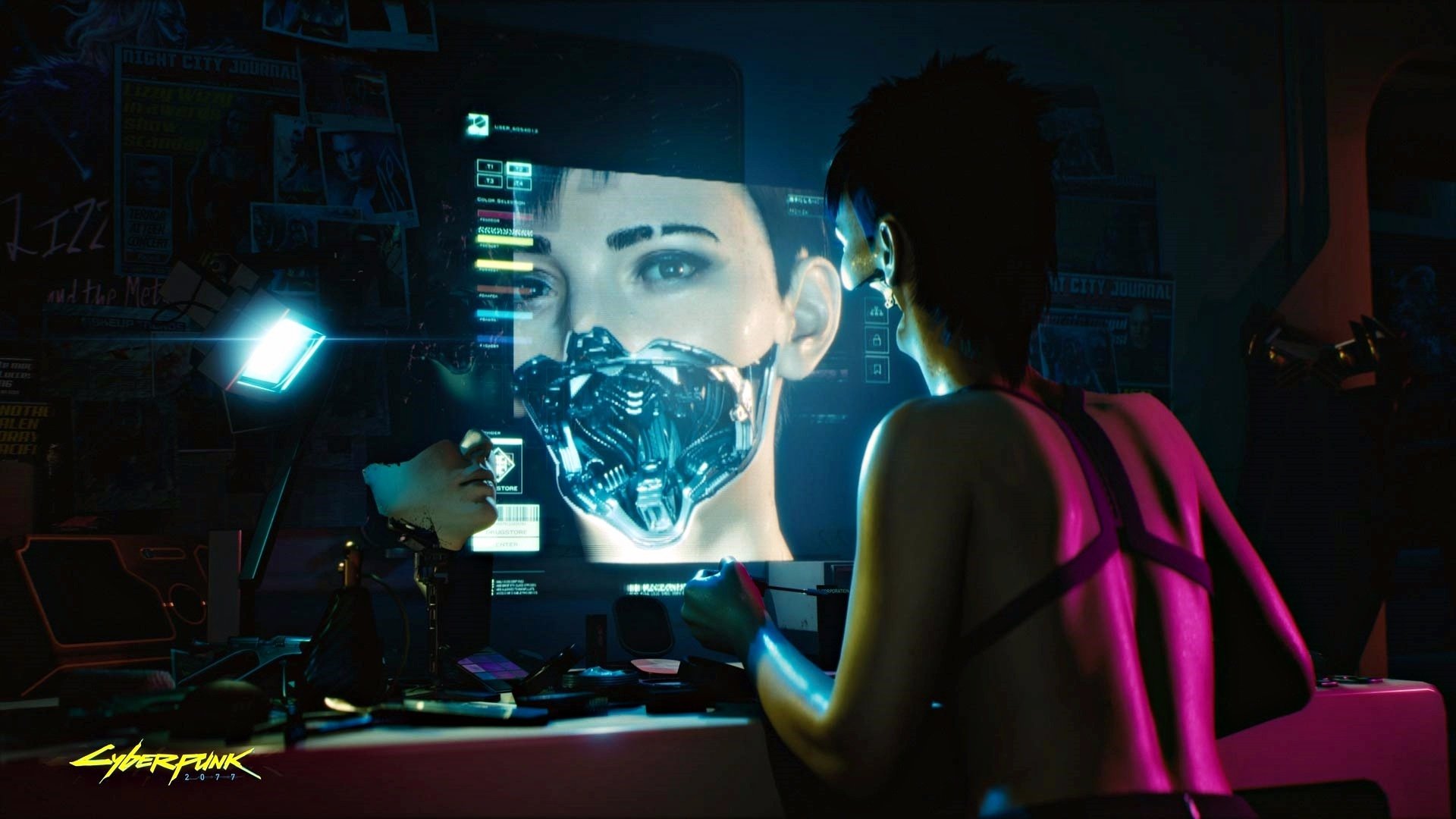 HD Cyberpunk 2077 PC desktop wallpaper showcasing a character in a dark, futuristic room with holographic cybernetic imagery and neon lighting, capturing a cyberpunk video game vibe.