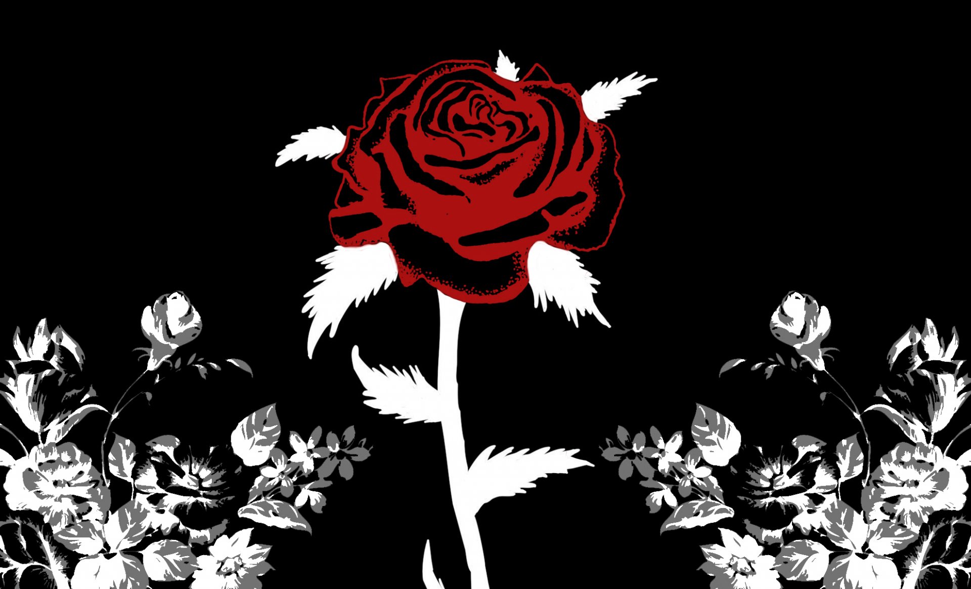 Artistic vector design of a bold red rose with white leaves and grayscale floral elements on a black background, created as an HD PC desktop wallpaper.