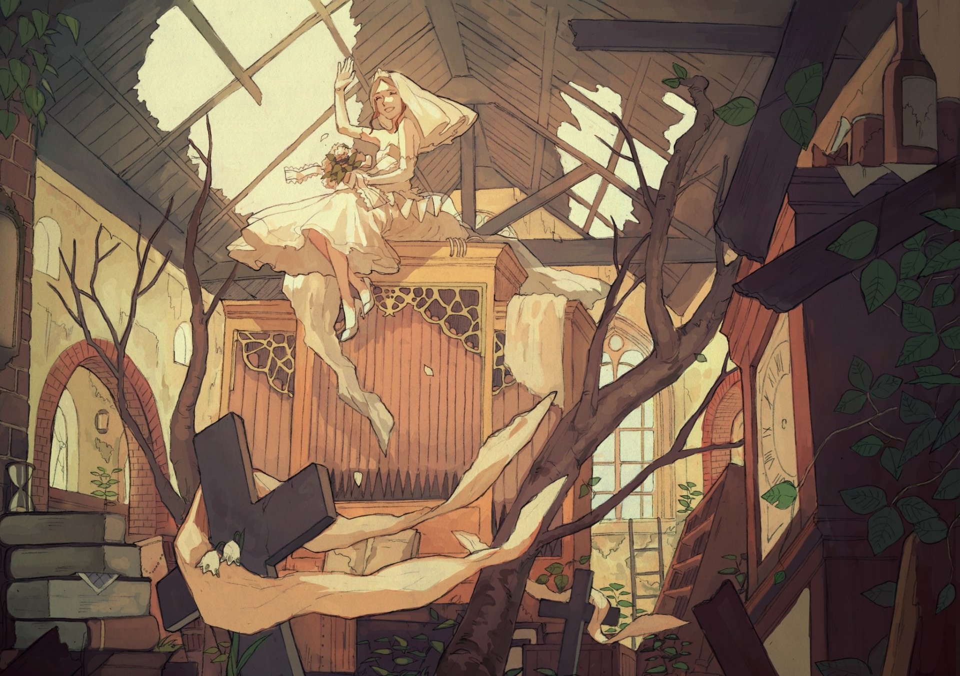 Anime-style HD desktop wallpaper of a blonde bride with short hair holding a bouquet, wearing a wedding dress and veil, floating near a cross in a rustic, sunlit attic.