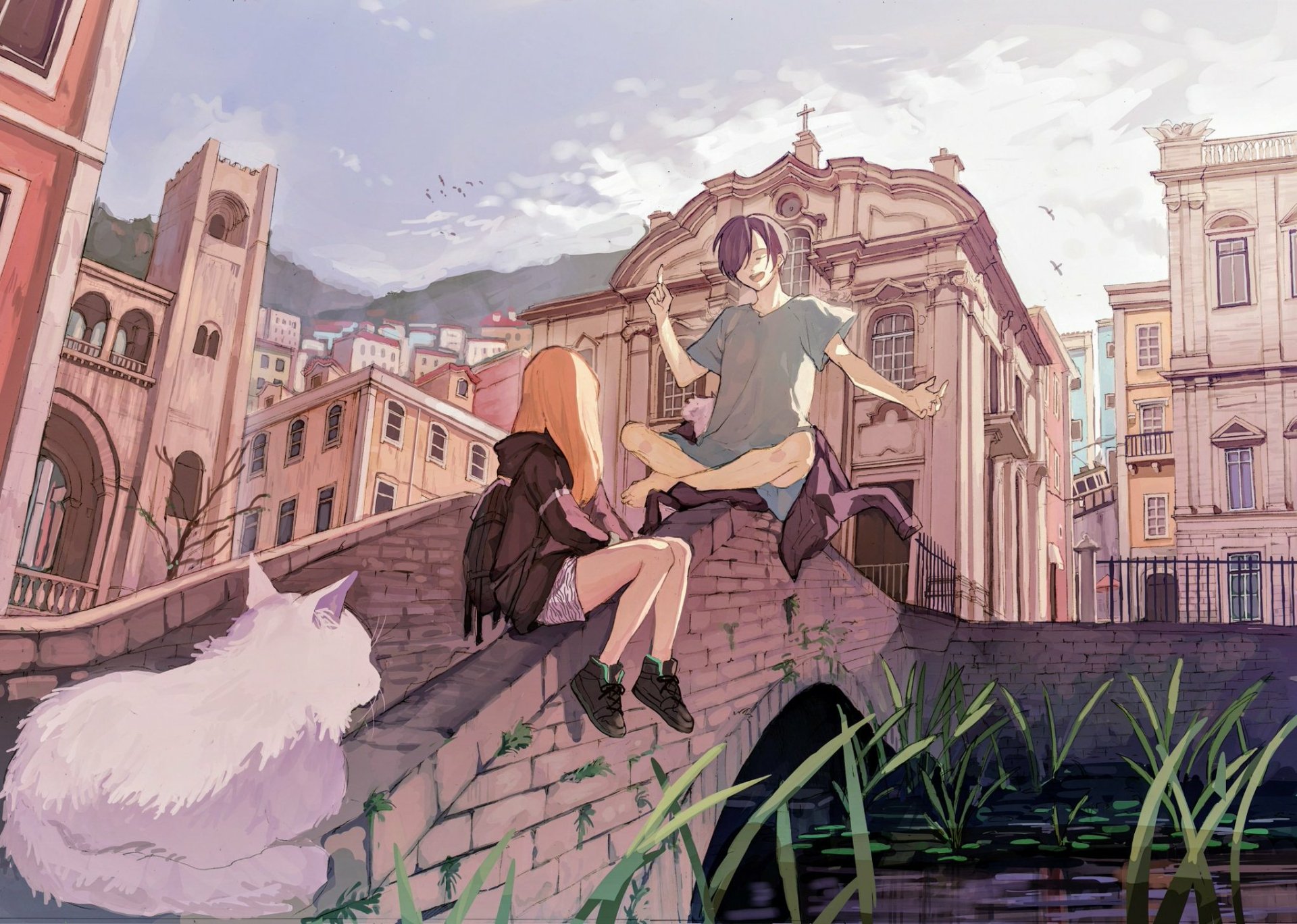 Anime HD desktop wallpaper featuring two characters with black and blonde hair sitting on a bridge, a white cat nearby, and a detailed cityscape in the background.