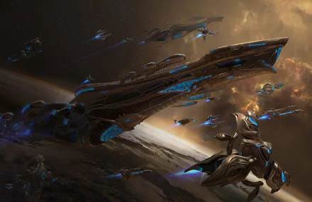 HD Sci-Fi desktop wallpaper featuring an advanced spaceship fleet navigating through space with glowing blue accents against a dramatic cosmic backdrop.