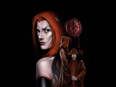 HD PC desktop wallpaper featuring a comic-style Bloodrayne character with striking red hair and a mysterious hooded figure against a dark background.