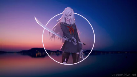 Anime character with white hair and a red scarf, holding a sword, set against a sunset backdrop, designed as a HD wallpaper and background.