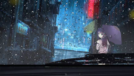 Anime girl holding an umbrella at night in the rain, viewed through a car windshield with raindrops, rendered in 4K Ultra HD as a vibrant PC desktop wallpaper.