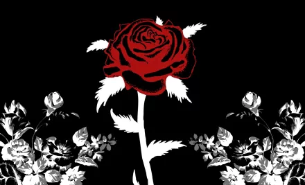 Artistic vector design of a bold red rose with white leaves and grayscale floral elements on a black background, created as an HD PC desktop wallpaper.