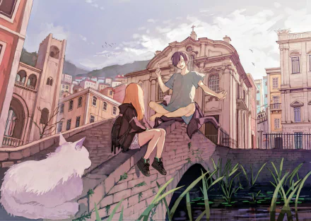 Anime HD desktop wallpaper featuring two characters with black and blonde hair sitting on a bridge, a white cat nearby, and a detailed cityscape in the background.