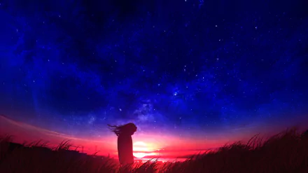 HD anime desktop wallpaper featuring a silhouetted figure against a vibrant sunset backdrop with a deep blue sky, scattered with stars.