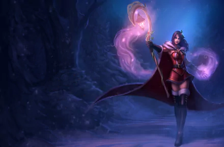 LeBlanc from League of Legends stands in a dark, mystical forest, casting a glowing spell in this 4K Ultra HD PC desktop wallpaper.