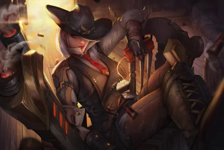 HD PC desktop wallpaper featuring Ashe, the cowgirl warrior from Overwatch, wearing a hat and holding weapons in a dynamic, action-ready pose.