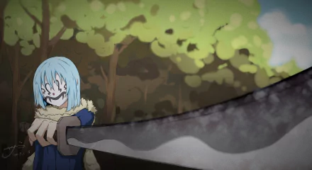 HD PC desktop wallpaper of Rimuru Tempest from the anime That Time I Got Reincarnated as a Slime, grinning in a forest clearing while brandishing a huge sword.