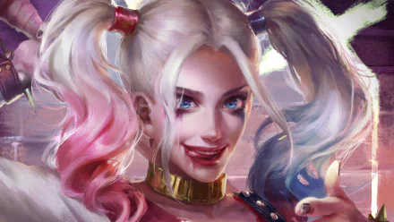 HD PC desktop wallpaper featuring a close-up of Harley Quinn from DC Comics with striking blue eyes and blonde twintails colored pink and blue.