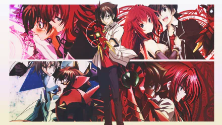 HD desktop wallpaper featuring Issei Hyoudou and Ddraig from the anime High School DxD, depicting various dynamic scenes and characters from the series in a vibrant collage.