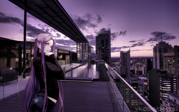 Anime character Rider from Fate/stay night stands on a modern rooftop terrace, overlooking a city skyline at sunset, in this HD desktop wallpaper.