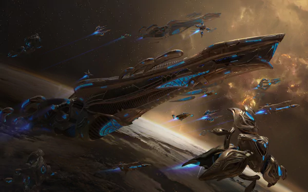 HD Sci-Fi desktop wallpaper featuring an advanced spaceship fleet navigating through space with glowing blue accents against a dramatic cosmic backdrop.