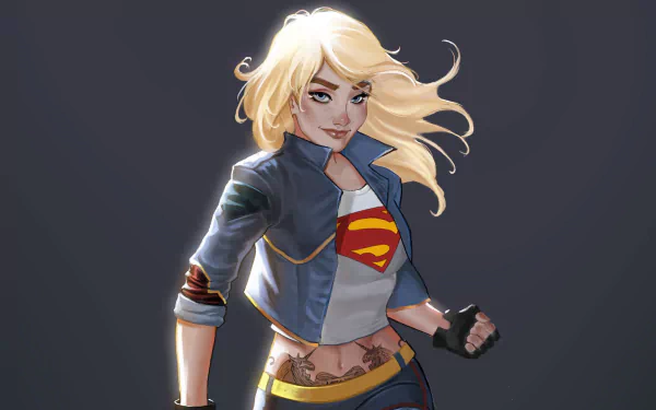 HD desktop wallpaper featuring Kara Zor-El with blonde hair in a modern Supergirl outfit from DC Comics, showcasing a confident and dynamic comic-style pose.