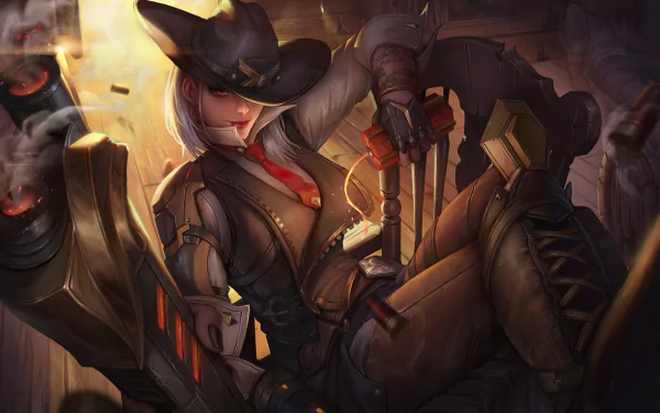 HD PC desktop wallpaper featuring Ashe, the cowgirl warrior from Overwatch, wearing a hat and holding weapons in a dynamic, action-ready pose.