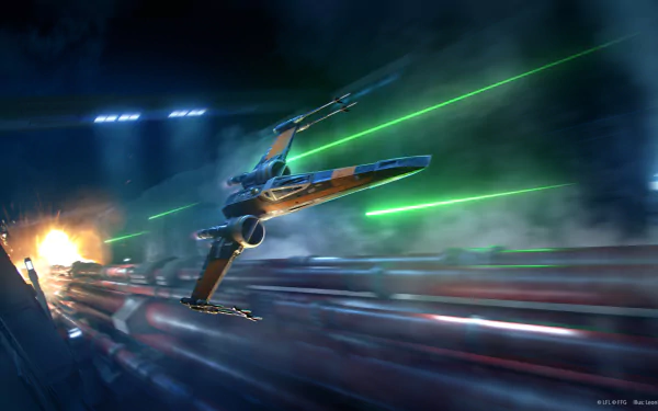 X-Wing starfighter streaks through a neon space battle amid green lasers and explosions — sci-fi Star Wars HD PC desktop wallpaper background.