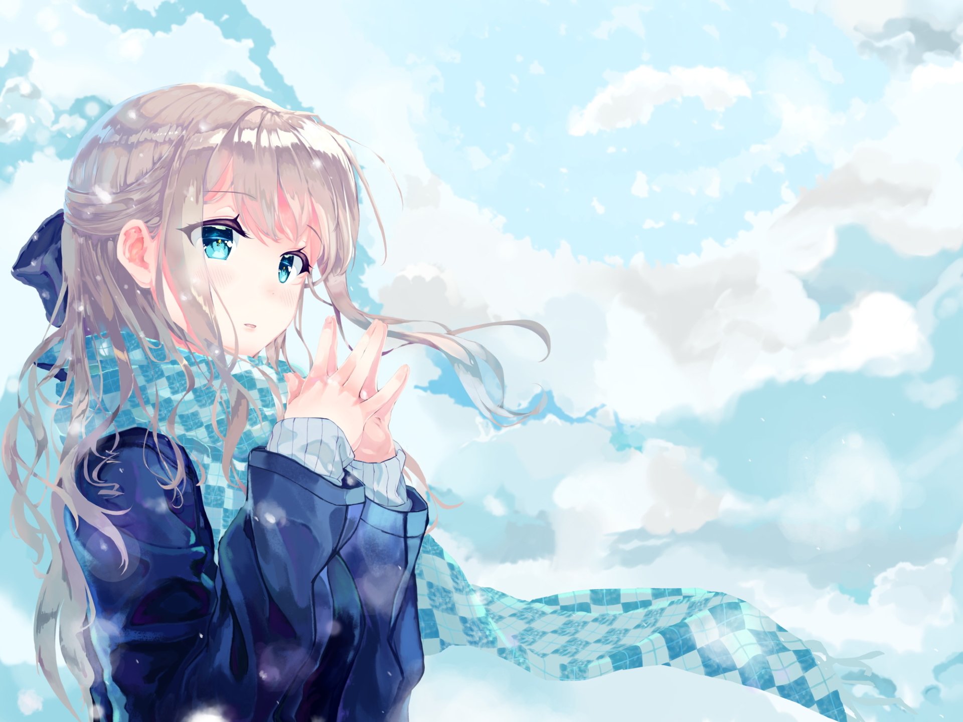 A serene HD anime wallpaper featuring Kagurazaka Reina, depicted with flowing hair and a blue scarf, set against a dreamy sky with fluffy clouds.