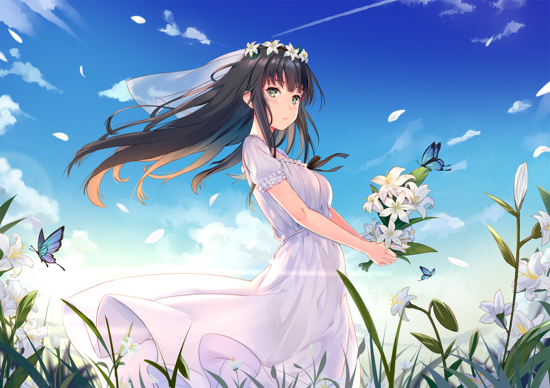 HD anime desktop wallpaper featuring Shirahane Suou in a flowing white dress surrounded by flowers and butterflies under a bright blue sky.