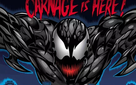 A dynamic HD desktop wallpaper featuring Carnage from Marvel Comics, showcasing the iconic character with a bold background and striking text declaring, Carnage is here!