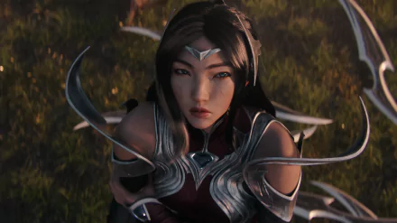 Irelia (League of Legends) in a cinematic close-up: armored with floating blades above grass, from the video game — 5K Ultra HD PC desktop wallpaper and background.