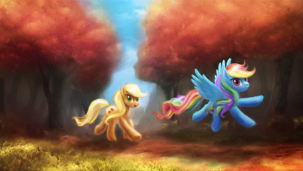HD PC desktop wallpaper background of Applejack and Rainbow Dash from the TV show My Little Pony: Friendship Is Magic running through an autumn forest.