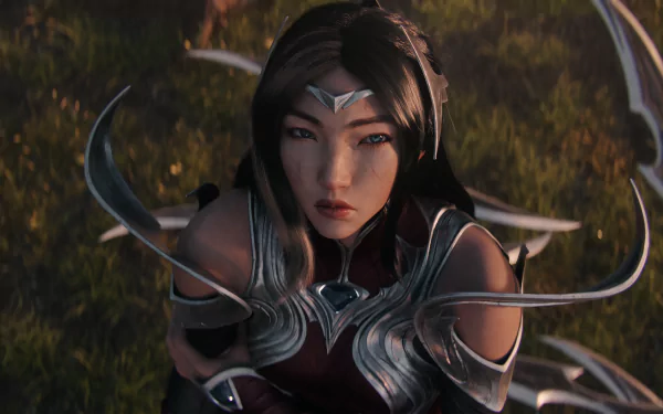 Irelia (League of Legends) in a cinematic close-up: armored with floating blades above grass, from the video game — 5K Ultra HD PC desktop wallpaper and background.