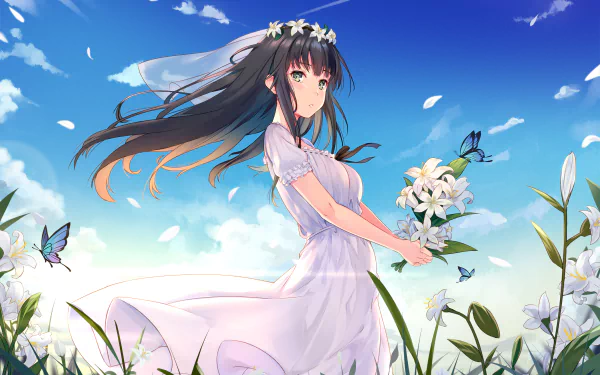 HD anime desktop wallpaper featuring Shirahane Suou in a flowing white dress surrounded by flowers and butterflies under a bright blue sky.