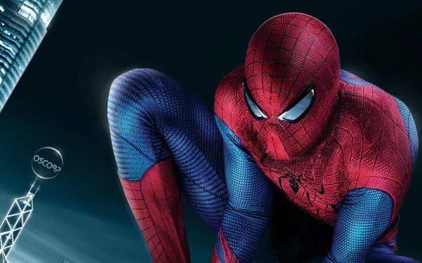 Close-up of Spider-Man from The Amazing Spider-Man movie crouched on a rooftop at night, vivid 4K Ultra HD PC desktop wallpaper and background.