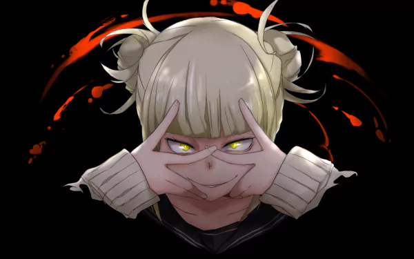 Himiko Toga from My Hero Academia striking a playful pose, with distinctive blonde hair and unique eyes, set against a dramatic black background with splashes of red. HD wallpaper.